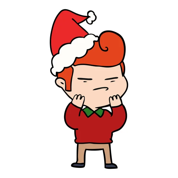 Línea de dibujo de un chico fresco con corte de pelo de moda vistiendo santa h — Vector de stock