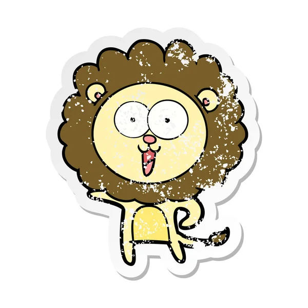 Verontruste Sticker Van Een Happy Cartoon Leeuw — Stockvector
