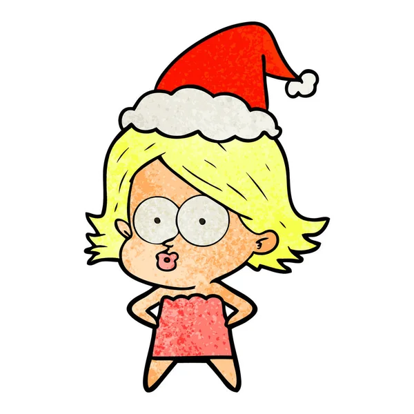 Bande dessinée texturée d'une fille boudant portant un chapeau de Père Noël — Image vectorielle