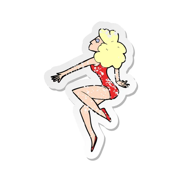 Retro Distressed Sticker Cartoon Dancing Woman — Stock Vector