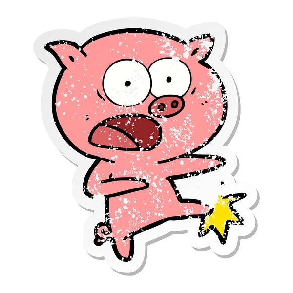 Sıkıntılı etiket domuz bağırarak ve tekme bir çizgi film — Stok Vektör