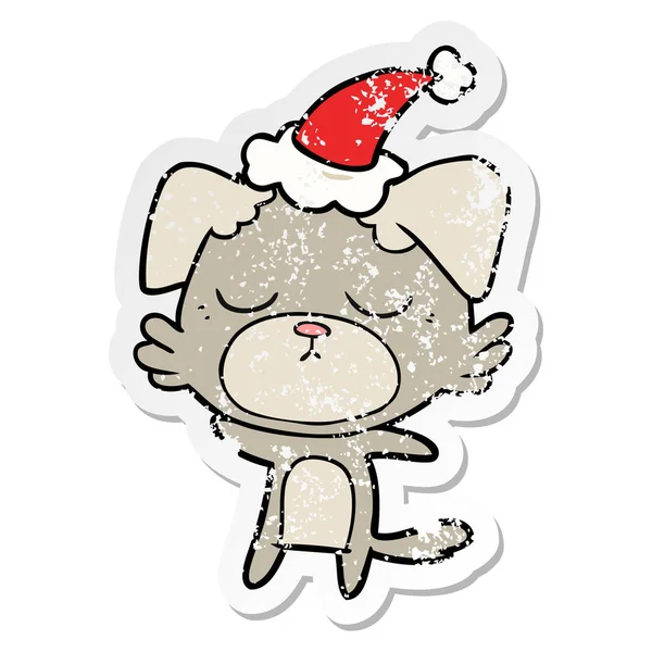 Sıkıntılı Etiket Karikatür Noel Baba Şapkası Giyen Bir Köpek Sevimli — Stok Vektör