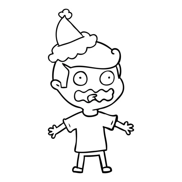 Dessin au trait d'un homme totalement stressé portant un chapeau de Père Noël — Image vectorielle