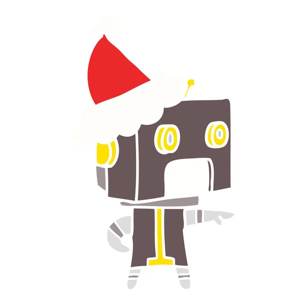 Flat color illustration of a robot wearing santa hat — Stock Vector