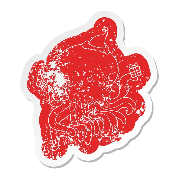 Cartoon-Aufkleber einer verliebten Qualle mit Weihnachtsmann — Stockvektor