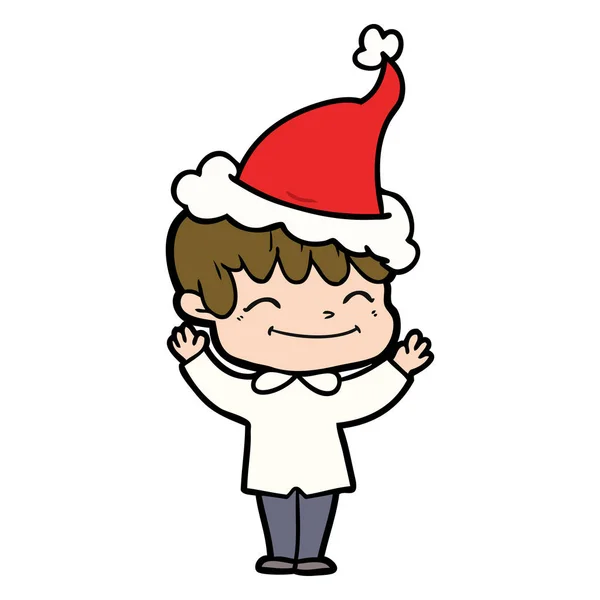 Line drawing of a happy boy wearing santa hat — Stock Vector