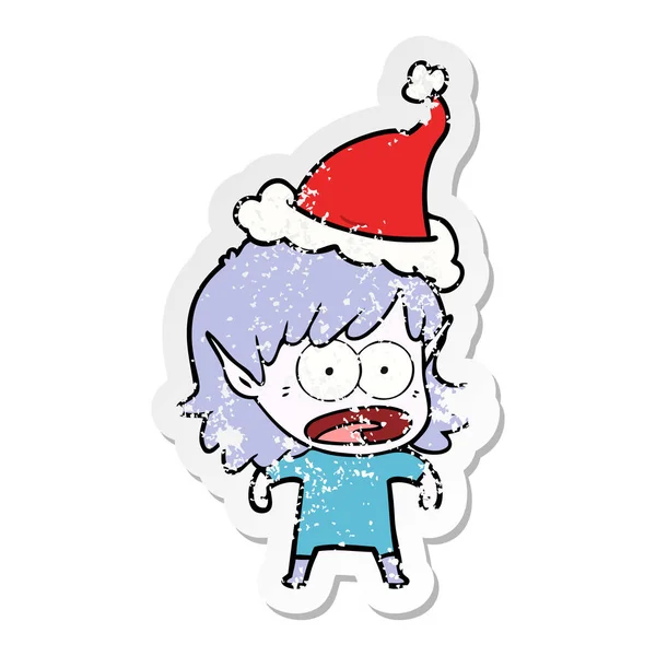 Distressed sticker cartoon of a shocked elf girl wearing santa h — Stock Vector