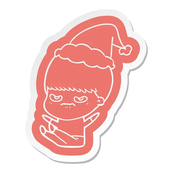Cartoon-Sticker eines Jungen mit Weihnachtsmütze — Stockvektor