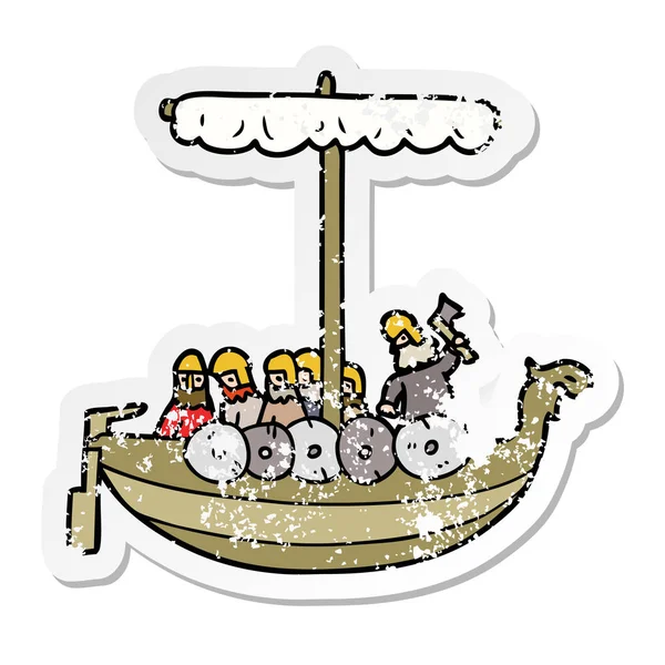 Verontruste sticker van een cartoon Vikingen zeilen — Stockvector