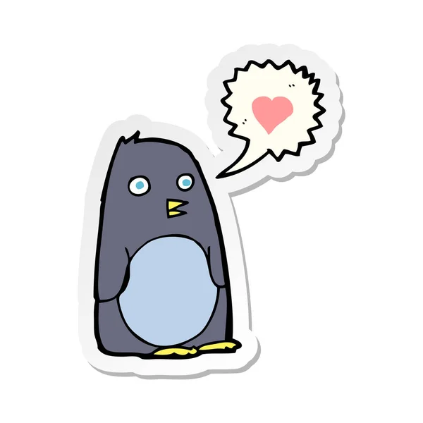 Klistermärke på en tecknad pingvin med kärlek hjärta — Stock vektor