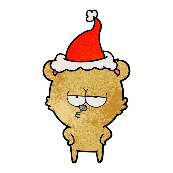 Bored bear textured cartoon of a wearing santa hat — Stock Vector