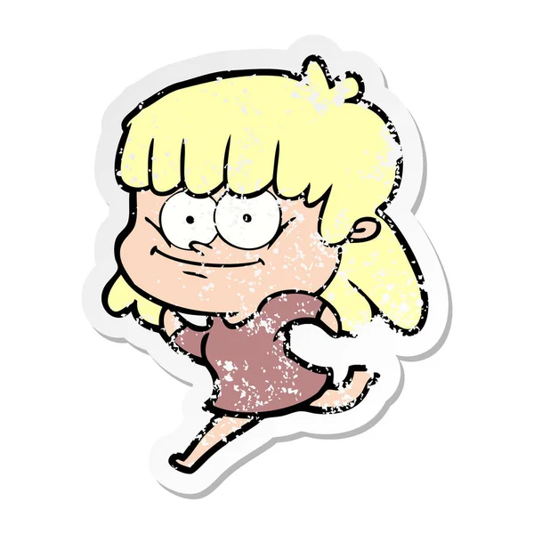 Verontruste Sticker Van Een Cartoon Lachende Vrouw — Stockvector