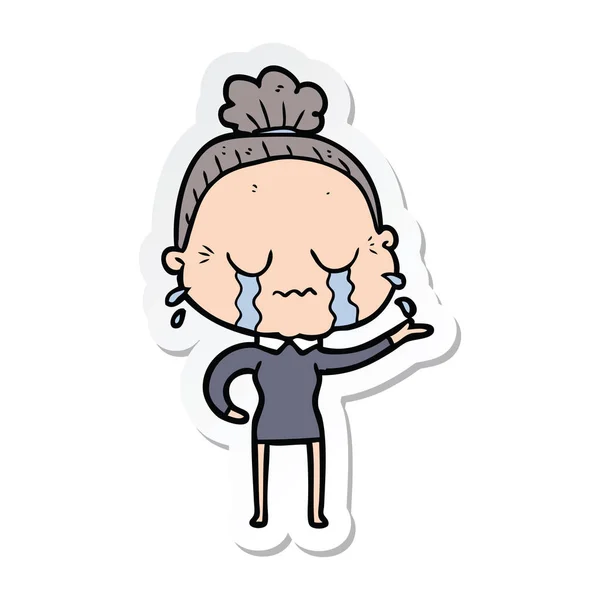 Sticker of a cartoon crying old lady — Stock Vector