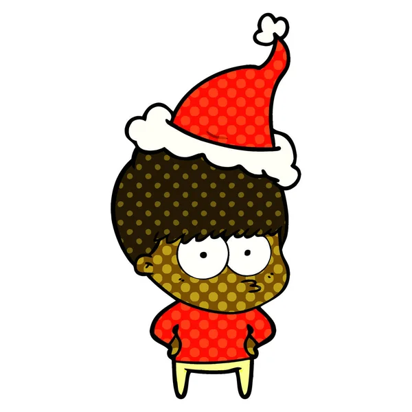 Illustration nerveuse de style bande dessinée d'un garçon portant un chapeau de Père Noël — Image vectorielle