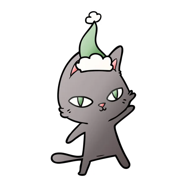 Ντεγκραντέ γελοιογραφία του μια γάτα χτυπητός φορώντας καπέλο Σάντα — Διανυσματικό Αρχείο
