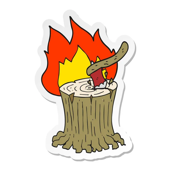 Etiqueta de um machado de desenho animado em toco de árvore flamejante — Vetor de Stock