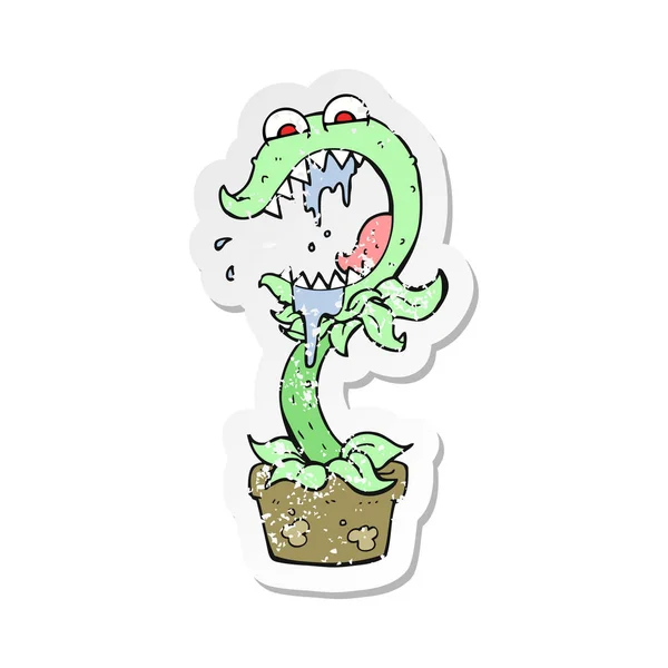 Pegatina retro angustiado de una planta carnívora de dibujos animados — Vector de stock