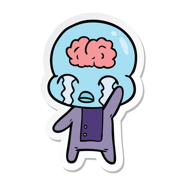 Sticker Cartoon Big Brain Alien Crying — Stock Vector