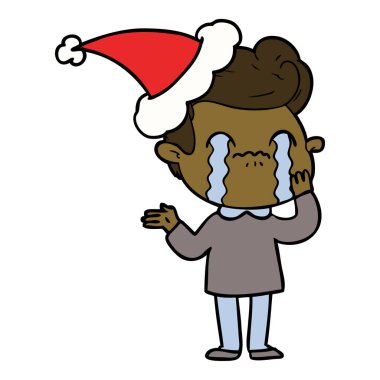 çizgi çizme giyen Noel Baba şapkası ağlayan bir adam