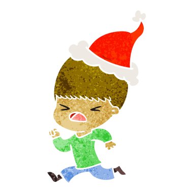 Noel Baba şapkası giyen stresli bir adamın Retro çizgi film