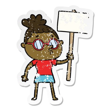 gözlük takan bir karikatür kadının sıkıntılı etiket