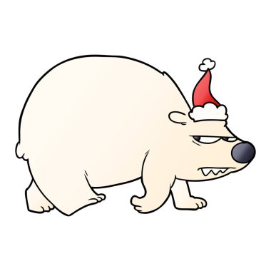 Noel Baba şapkası giyen kızgın bir kutup ayısı, degrade çizgi film