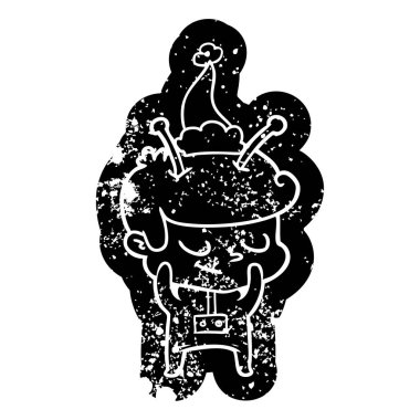 Noel Baba şapkası giyen bir uzaylı utangaç karikatür sıkıntılı simgesi