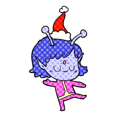 Noel Baba şapkası giyen bir uzaylı kız çizilen çizgi roman tarzı çizimi uzat