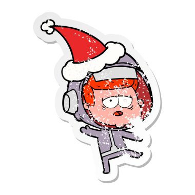 Noel Baba ha giyen yorgun bir astronotun sıkıntılı etiket çizgi film