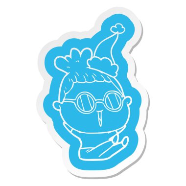 Noel Baba şapkası giyen gözlük takan bir kadın ilginç çizgi film etiketi