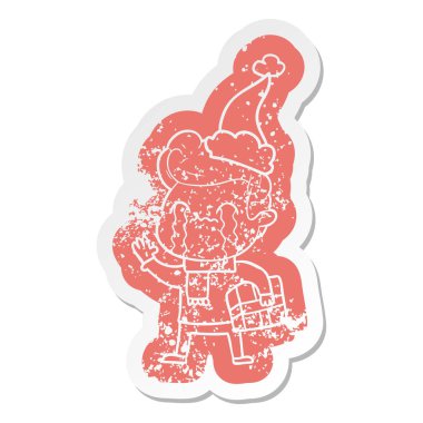 çizgi film sıkıntılı etiket giyen Noel Baba şapkası ağlayan bir adam