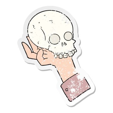 Kafatası holding karikatür el sıkıntılı etiket