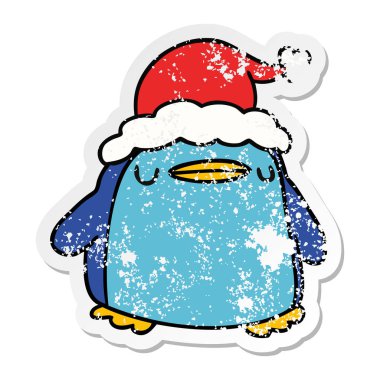 Noel sıkıntılı etiket karikatür kawaii Penguin el çekilmiş