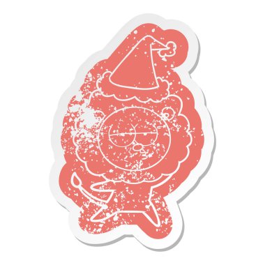 Noel Baba şapkası giyen sıkılmış aslan sıkıntılı Etiket cartoon