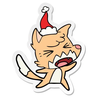 kızgın etiket karikatür Noel Baba şapkası giyen tilki