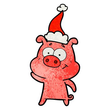 Noel Baba şapkası giyen bir domuz mutlu dokulu çizgi film