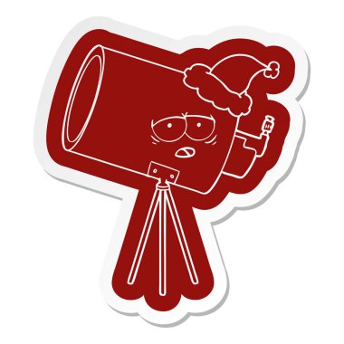 Noel Baba şapkası giyen yüz sıkılmış bir teleskopla çizgi film simgesi