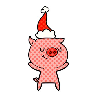 Noel Baba şapkası giyen bir domuz mutlu çizgi roman tarzı gösteren resim