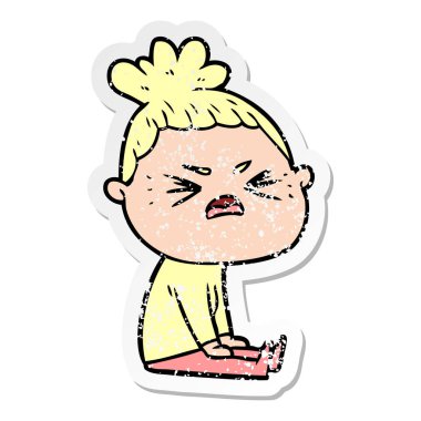 bir çizgi film kızgın kadının sıkıntılı etiket