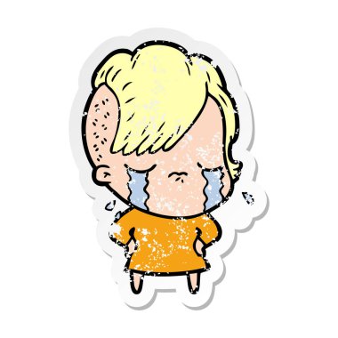 bir çizgi film ağlayan kızın sıkıntılı etiket