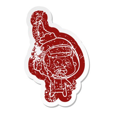 Noel Baba şapkası giyen sürpriz bir astronotun ilginç karikatür sıkıntılı etiket