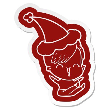 Noel Baba şapkası giyen bir mutlu hippi kız ilginç çizgi film etiketi