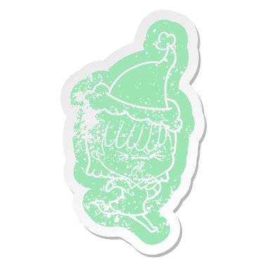 Noel Baba şapkası giyen bir kız rahatsız çizgi film sıkıntılı etiket