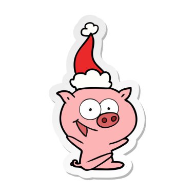 neşeli oturma domuz giyen Noel Baba şapkası etiket karikatür