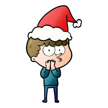 Noel Baba şapkası giyen meraklı bir çocuk, degrade çizgi film