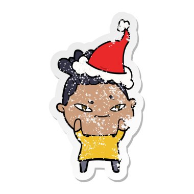 Noel Baba şapkası giyen bir kadın sıkıntılı etiket karikatür el çekilmiş