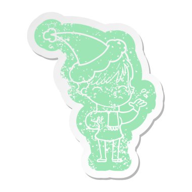 kadın düşünme giyen Noel Baba şapkası, sıkıntılı Etiket cartoon