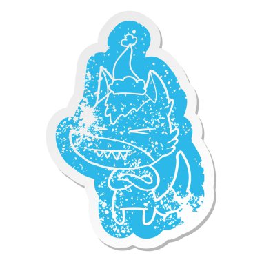 kızgın kurt karikatür sıkıntılı etiket giyen Noel Baba şapkası