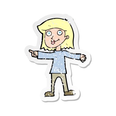 Retro sıkıntılı etiket işaret eden bir karikatür mutlu kadın