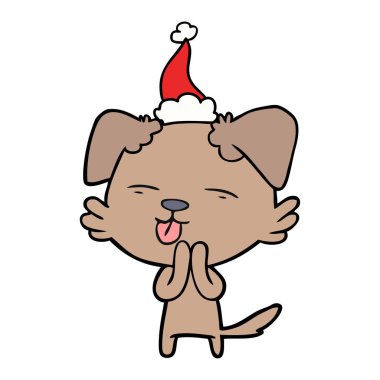 Noel Baba şapkası giyen dilini bir köpek çizim için el çekilmiş